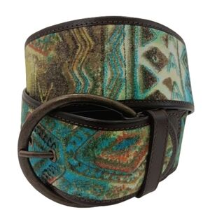 CHICO'S Women's Small Wide Fabric Belt Faux Leather Trim Abstract Multi Color